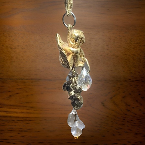 Vintage Kirks Folly Gold Tone Sitting Cherub With Crystal Drops Necklace, 34" - Picture 4 of 9